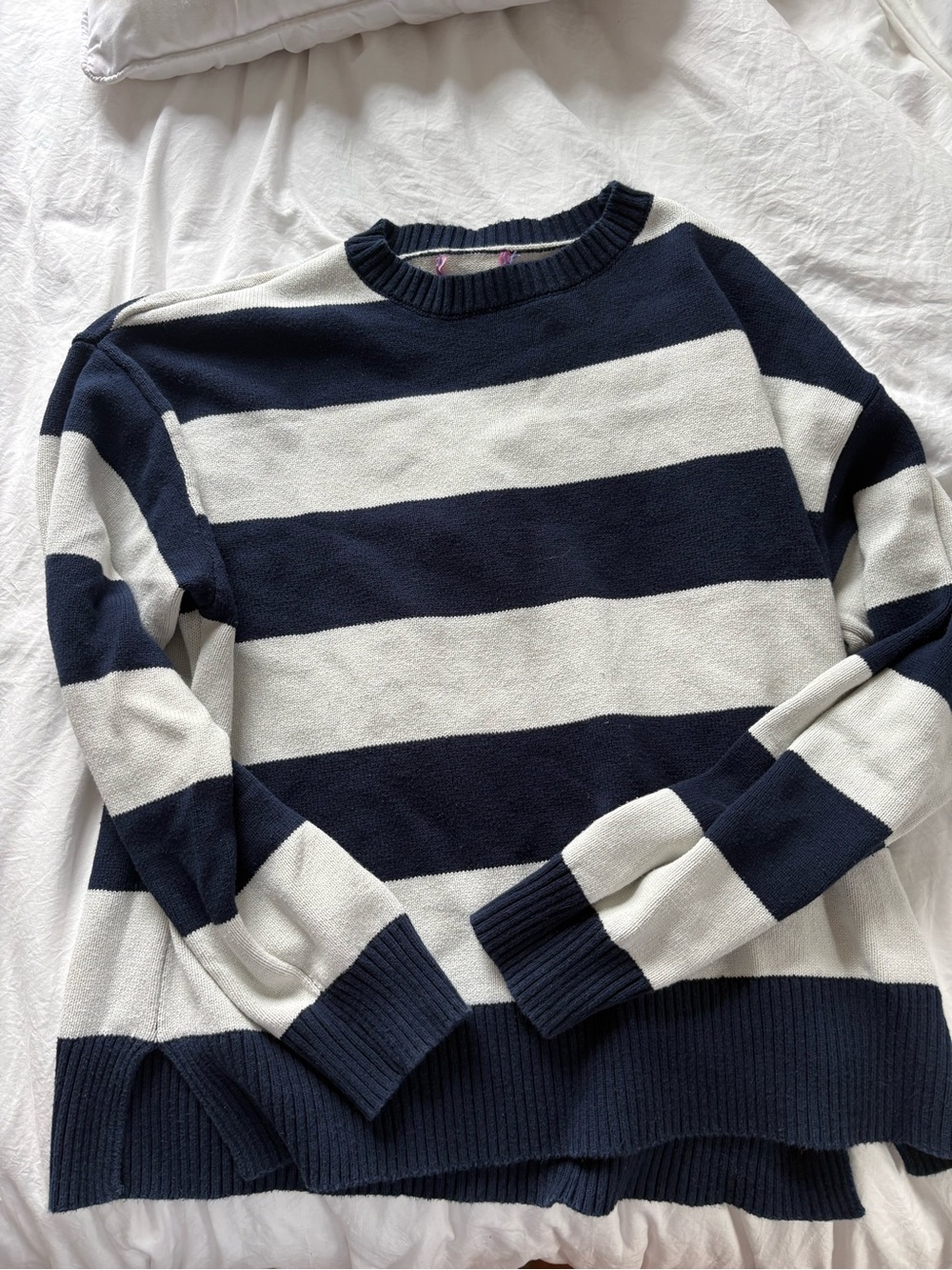 EDIKTED Women’s Navy and White Striped Crewneck Sweater